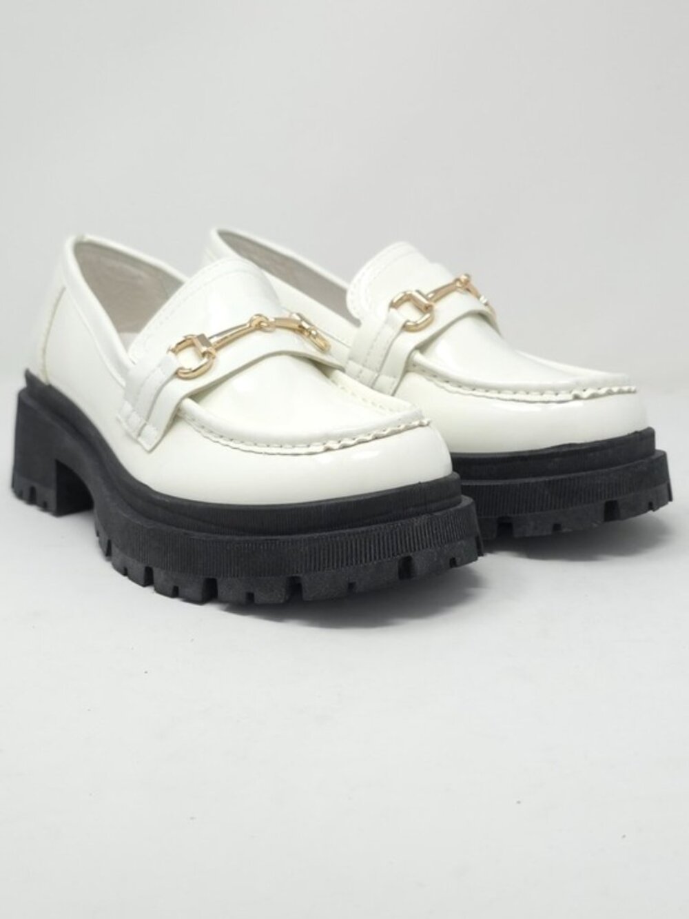White Chunky Platform Loafers Gold Chain Lug Sole Slip On Trendy - Picture 2 of 10